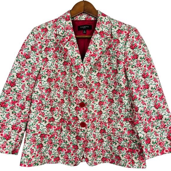 Talbots 2011 Needlepoint Style Floral Blazer Triple Button Pink Red - 14P - Picture 1 of 6